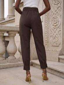 Solid Color Woven Fabric Button Pocket Women's Cargo Pants, Wide-Leg Casual Trousers - Chocolate Brown - View 3