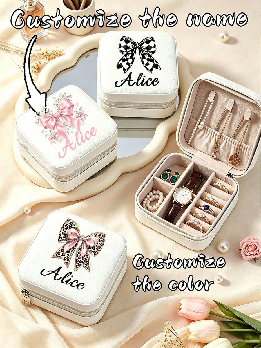Kotak Perhiasan Persegi Gaya Minimalis yang Dapat Disesuaikan, Motif Pita Cetak, Desain Nama Kustom, Kotak Penyimpanan Multi Kompartemen untuk Cincin, Anting, Kalung, Jam Tangan, Organizer Perhiasan Portabel untuk Perjalanan, Hadiah untuk Ulang Tahun, Pengiring Pengantin, Pernikahan, Natal - MultiWarna - View 1