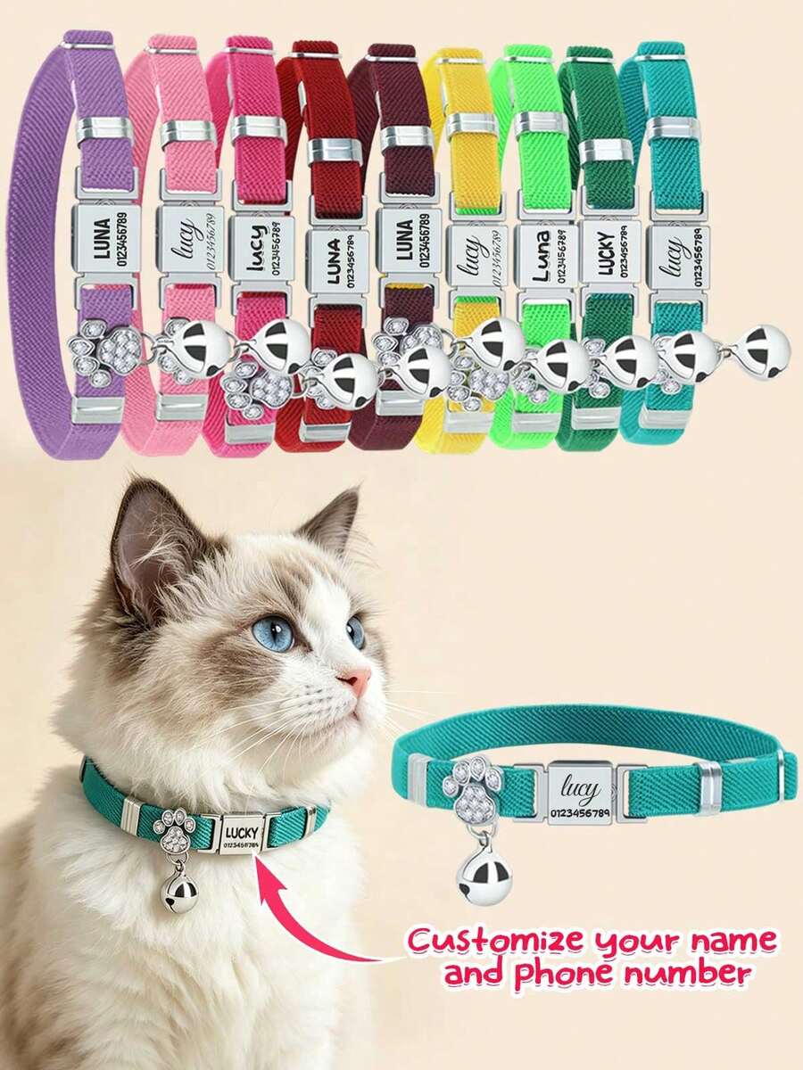 1pc Personalized Cat Collar With Engraved Stainless Steel Name Tag, Customizable Name And Phone Number, Elastic Paw Print Collar With Rhinestone Bell Pendant - Multicolor - View 1