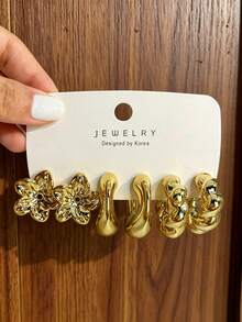 6/18pcs Fashion Elegant Floral Geometric Multi-Color Gold Metal Earrings Set, Women's Fashion Earring Set, Gift For Women - Gold - View 3