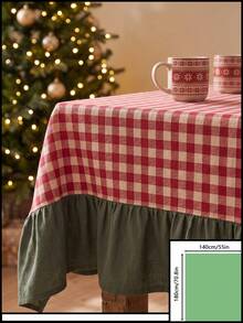1pc Red And White Plaid Patchwork Green Hem Tablecloth, Country Pastoral Style Fabric Material, Rectangular Red And White Plaid Tabletop With Green Ruffle Edge Hem Patchwork Decoration, Beautify And Protect Tabletop Function, Holiday Dining Tablecloth Suitable For Christmas And Winter Holiday Home Decor Scenes - Green - View 20