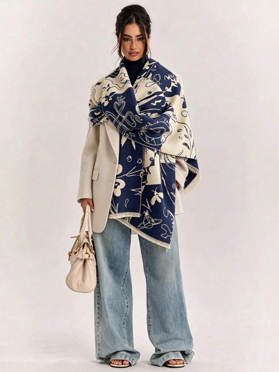 1件裝抽象塗鴉印花仿羊絨圍巾,保暖流蘇大披肩圍巾,女款多功能戶外旅行毯巾 - 藍色 - 查看 1