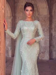 Faeriesty Elegant Women's Sequin Long Mermaid Evening Gown, Long Sleeve Round Neck Formal Dress With Contrast Mesh Detail, Suitable For Ball Events - Mint Green - View 3