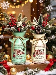 Christmas Vintage Metal Can Vase, Distressed Galvanized Flower Bucket With Rope Handle, Merry Christmas Printed Decorative Water Pitcher, Rustic Farmhouse Style Tabletop Centerpiece, Christmas Floral Arrangement Container, Home Decor - A - View 6