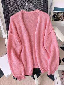 Women's Ribbed Knit V-Neck Cardigan, Long Sleeve Regular Fit Open-Knit Sweater, Slightly Elastic Light Pink Winter Coat - Pink - View 5