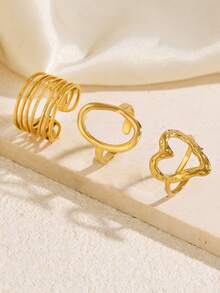 3pcs Stainless Steel Gold Color Personalized Elegant Minimalist Elegant Geometric Oval Line Heart Ring Set Suitable For Women Daily Wear, Festivals And Parties - Multicolor - View 4