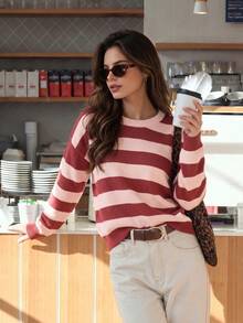 Aflion Women Summer Fall Red Pink Striped Knit Sweater, Round Neck Drop Shoulder Long Sleeve Cropped Pullover - Multicolor - View 8