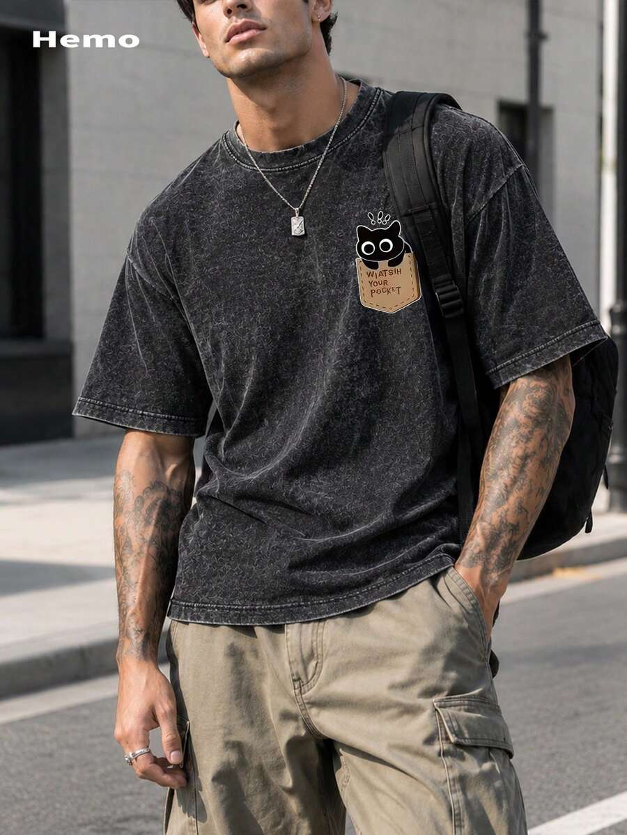 Hemo 夏季男士街头可爱猫咪T恤,略带弹力做旧棉混纺黑色圆领短袖T恤,休闲日常T恤 - 黑色 - 查看 1
