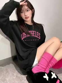 Vintage Collegiate Style LOS ANGELES Large Letter Crew Neck Sweatshirt, Minimalist Loose Drop Shoulder Casual Autumn Versatile - Black - View 10
