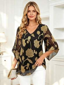 CheersLife Women's Ruffled V-Neck Loose Flowy Belted Blouse With Double Layer Mesh Spring - Black and Gold - View 1