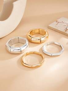 4pcs Set Minimalist Fashion Luxury Glossy Bamboo Joint Elastic Bracelet Set, Layered Multi-Layer Bracelet, Women's Versatile Jewelry Set - Multicolor - View 6
