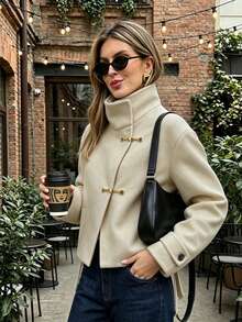 Women's Fashion Funnel Neck Regular Sleeve Coat With Button Details, Autumn/Winter Essential - Apricot - View 5