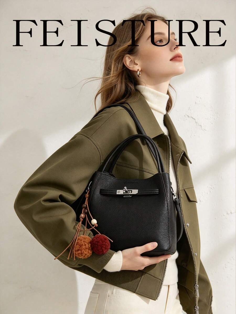 1pc FEISTURE Litchi Texture Minimalist Elegant Women's Handbag, Fashion Shoulder Crossbody Bag (With Small Pouch), Free Accessory Charm For Store Followers, Suitable For Daily Outing, Dating, Commuting