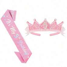 Birthday Crown Headband And Shoulder Strap Set, Pink Glitter Pearl Princess Crown With Lace Bow, Birthday Party Decoration Accessories - Multicolor - View 2