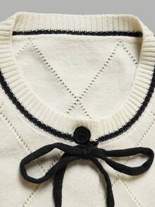 Women's Fall Winter Cream Bow Neck Knit Cardigan, Long Sleeve Diamond Hollow Out Sweater, Button Front Casual Knit Jacket For Daily& Date - Apricot - View 4