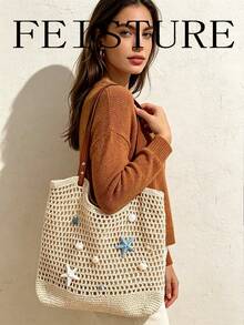 Cute Starfish & Shell Crochet Tote Bag, Beige Hollow Out Beach Shoulder Bag, Women Summer Holiday Handbag, Straw Bag Vacation Essentials - White - View 2
