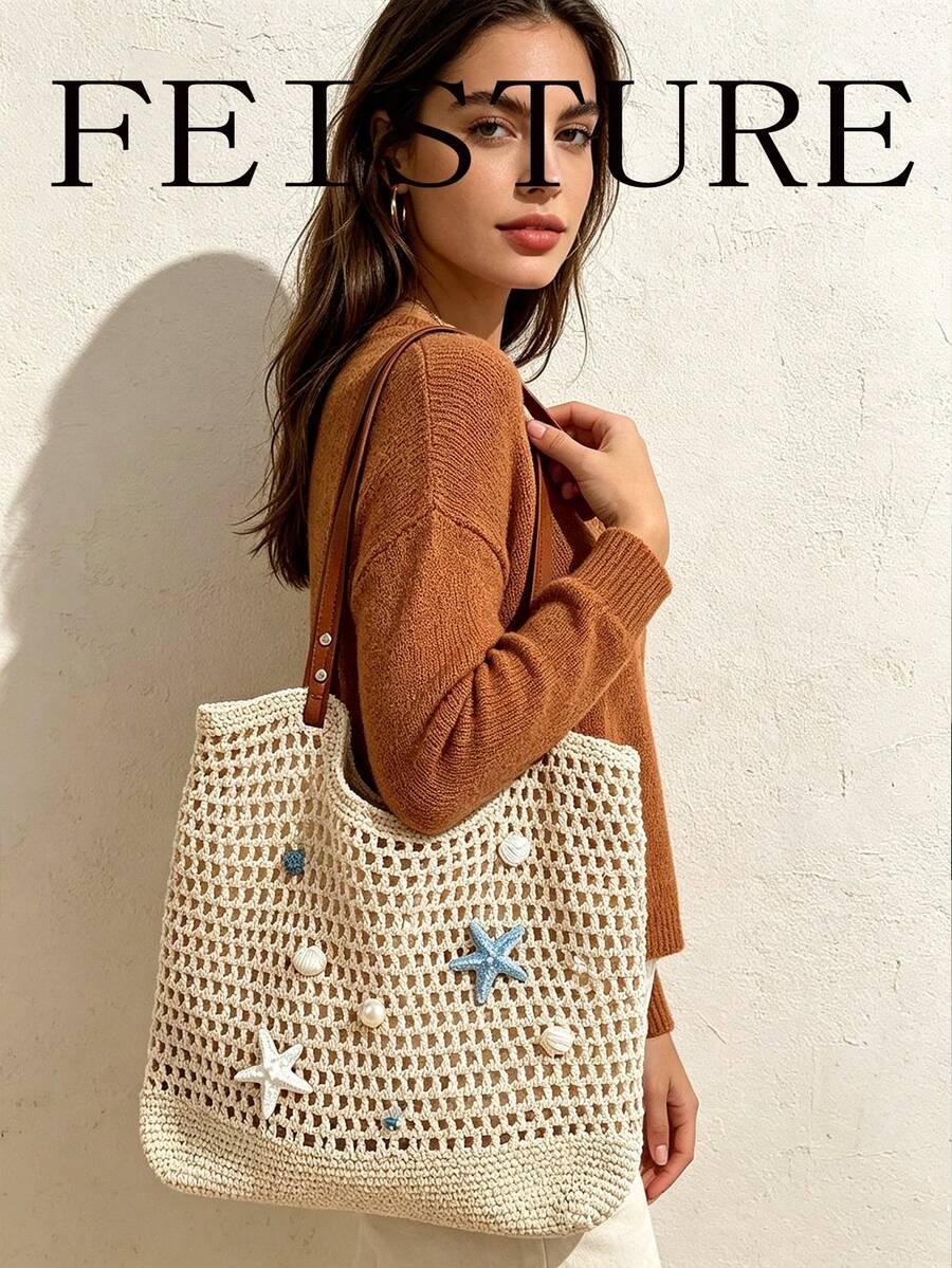 Cute Starfish & Shell Crochet Tote Bag, Beige Hollow Out Beach Shoulder Bag, Women Summer Holiday Handbag, Straw Bag Vacation Essentials
