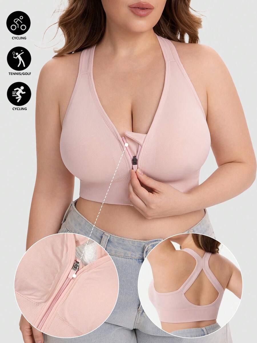 1pc Women's Plus Size Solid Color Front Zipper Sports Bra, Removable Padding Fitness Yoga Backless Tank Top - Baby Pink - View 1