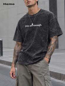 Hemo, Camiseta de hombre con estampado de lema desgastado y hombros caídos - Negro - Ver 2