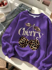 1pc Girls' Playful Chic Leopard Print & Cherry Graphic Sweatshirt, Fashionable & Versatile, Suitable For Spring/Autumn Occasions - Purple - View 2