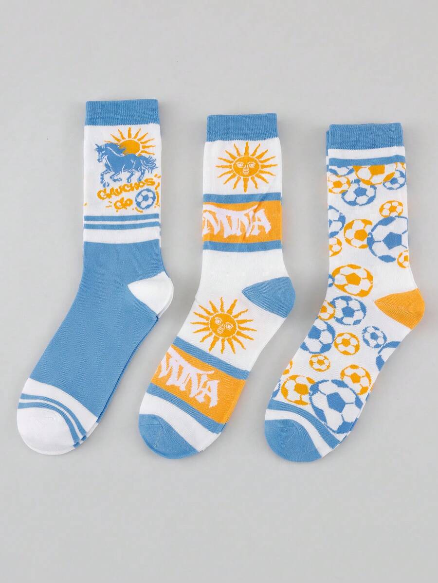 3 Pasang Kaos Kaki Pria Motif Sepak Bola Acak, Kaos Kaki Kasual Setengah Betis Motif Matahari & Sepak Bola Retro untuk Olahraga dan Pemakaian Sehari-hari - MultiWarna - View 1