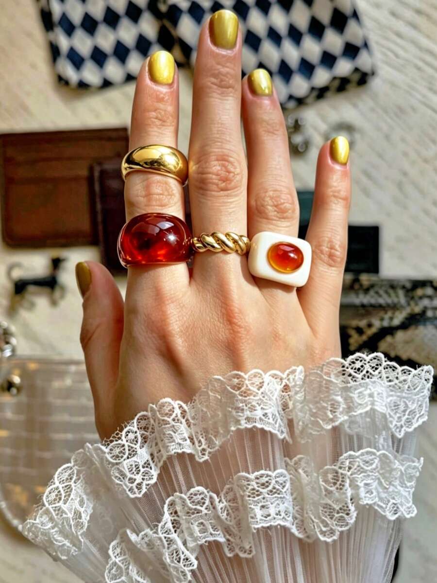 4件組復古時尚奢華百搭漸層琥珀樹脂個性化螺紋幾何光滑表面女款戒指套組,適合女性日常佩戴與派對宴會裝飾,禮品珠寶套組 - 彩色 - 查看 1