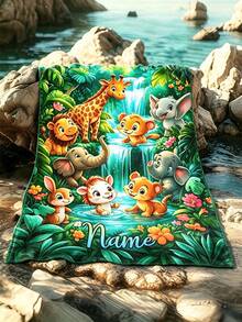 Custom Name Blanket With Cute Forest Animal Pattern, Lightweight Home Decor Bedding Throw, Soft Warm Blanket For Sofa, Bed, Room, Office & Chair - Multicolor - View 3