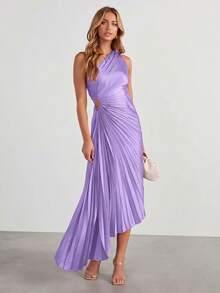 Elegant Sleeveless Satin Asymmetrical Neckline Pleated Hollow Out Maxi Dress, Perfect For Women, Suitable For Formal Occasions And Balls - Purple - View 1