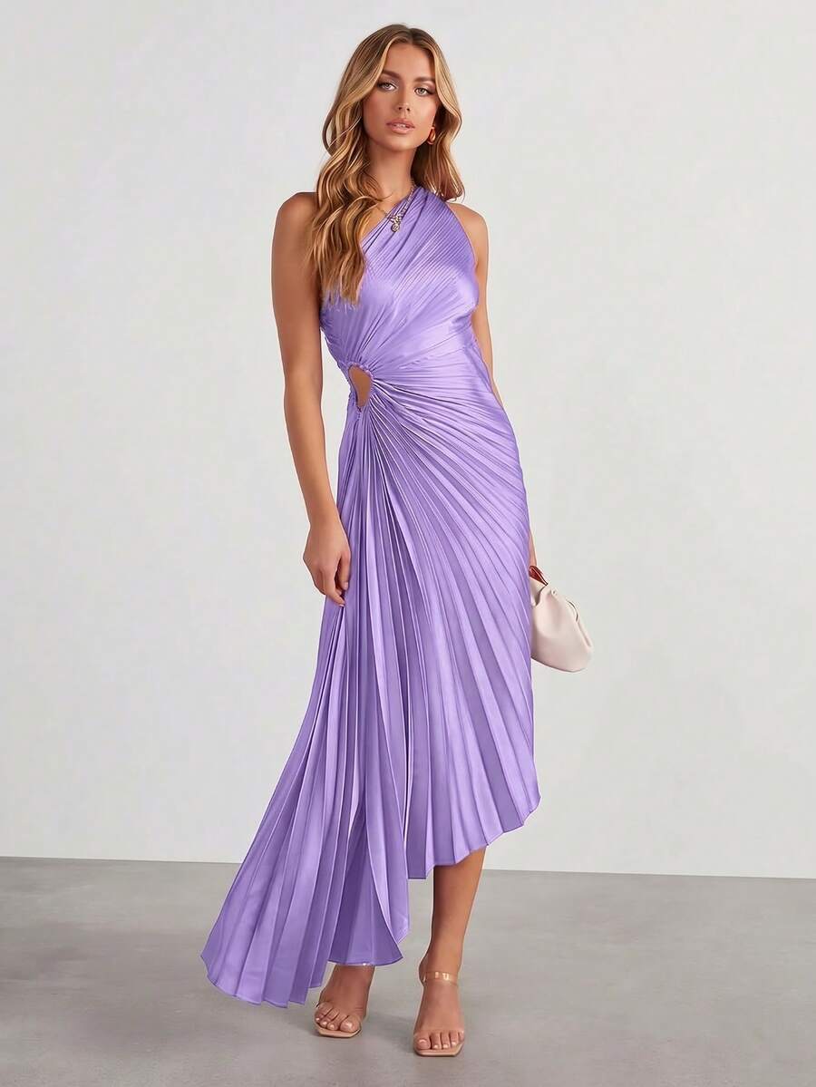 Elegant Sleeveless Satin Asymmetrical Neckline Pleated Hollow Out Maxi Dress, Perfect For Women, Suitable For Formal Occasions And Balls - Purple - View 1