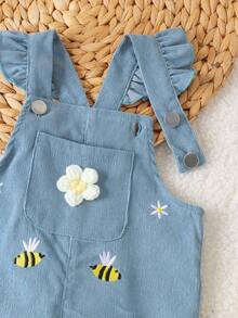 1pc Baby Girl Cute Casual 3D Floral Embroidered Corduroy Overalls, Thin Spring/Autumn - Dusty Blue - View 4