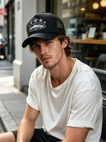 1pc Five-Point Star Embroidered Baseball Cap, Outdoor Sponge Mesh Baseball Cap, Summer Breathable Mesh Trucker Hat For Men And Women - Five Stars - View 3