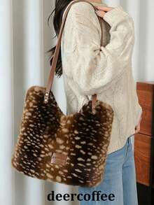 Faux Fur Deer Shoulder Bag For Women New Shopper Commuting Tote Bag Large Capacity Lightweight Versatile Plush Handbag - Multicolor - View 17