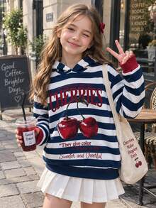1pc Girls' Printed Warm Thick Thermal Lined Hooded Sweatshirt, Student Children Clothing, Suitable For Tween Girl Autumn/Winter Long Sleeve Top - White - View 5