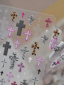 1Sheet Autumn Hot‑Girl Leopard Zebra Print Cross Metal Nail Stickers, Nail Art Nail Supplies, Color‑Trimmed Retro Punk Mixed Pattern For DIY Nail Art Decor - Multicolor - View 1