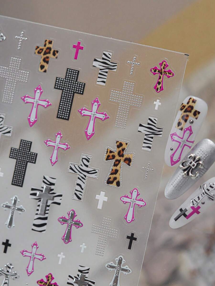 1Sheet Autumn Hot‑Girl Leopard Zebra Print Cross Metal Nail Stickers, Nail Art Nail Supplies, Color‑Trimmed Retro Punk Mixed Pattern For DIY Nail Art Decor - Multicolor - View 1