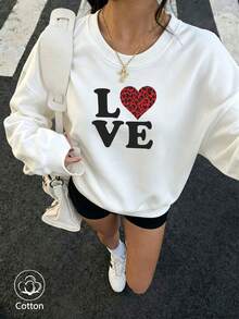 Women's White Crewneck Sweatshirt With Black LOVE Print And Red Leopard Heart Design - White - View 11