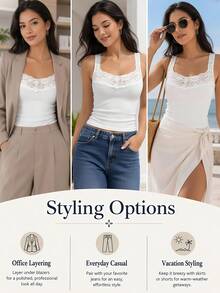 2pcs/Pack French Floral Lace Trim V-Neck Ribbed Camisole, Slim Fit Spaghetti Strap Sleeveless Tank Top, Women's Basic Layering Innerwear, Suitable For Daily Wear - Multicolor - View 6
