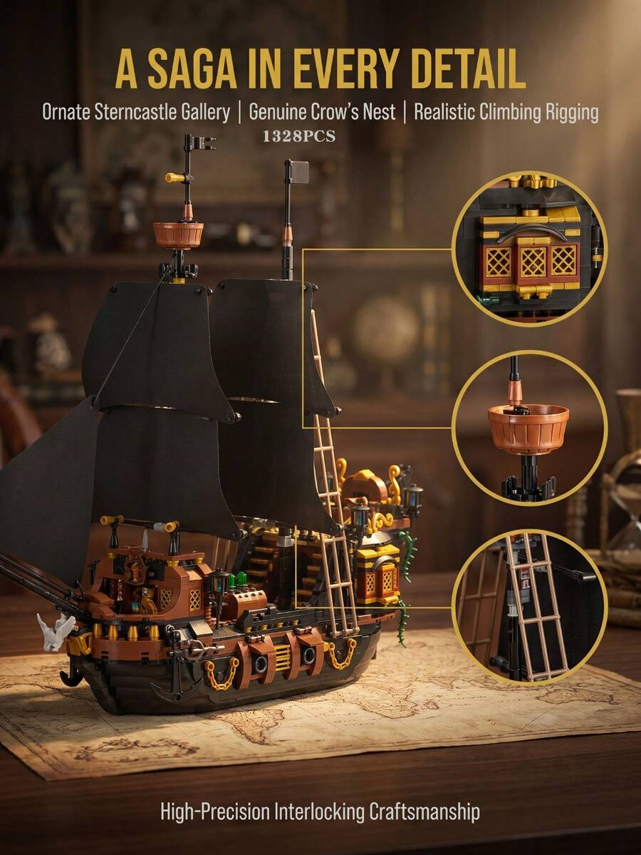 1328 PIECES Pirate Ship Building Blocks, DIY Model Decoration Items / Stress-Relieving Gift - Bagged - View 1