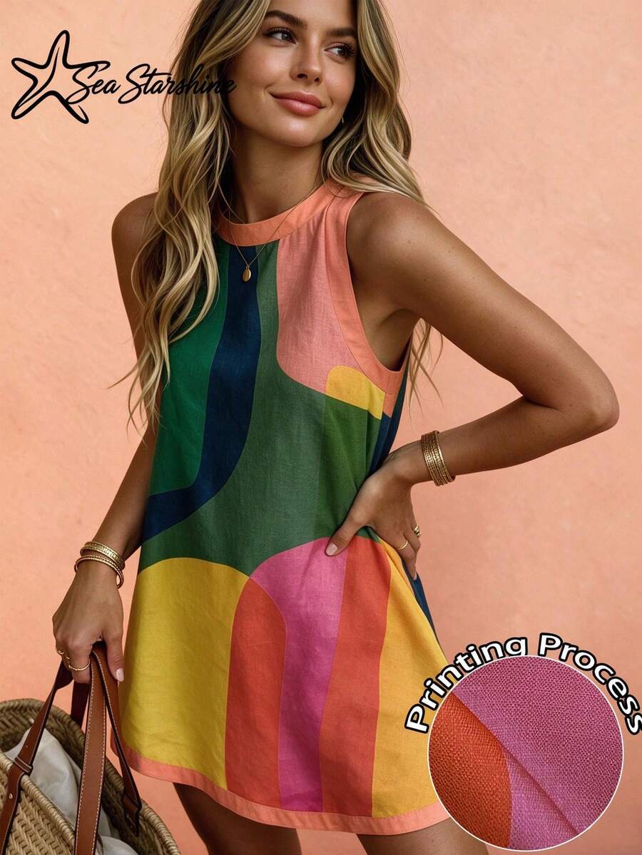 Sea Starshine Spring/Summer New Arrival: Bohemian Style, Dopamine Bright Color Blocking, Geometric Print, Sleeveless, Round Neck Dress Elegant - Multicolor - View 1