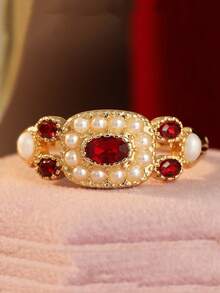 YOYO Nhẫn nữ thời trang vintage, đính zirconia tổng hợp màu đỏ, phụ kiện phong cách tiệc hẹn hò - Vàng - Xem 5