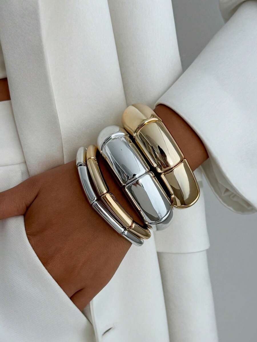 4pcs Set Minimalist Fashion Luxury Glossy Bamboo Joint Elastic Bracelet Set, Layered Multi-Layer Bracelet, Women's Versatile Jewelry Set - Multicolor - View 1