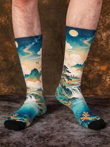 1/3 Pairs Men's Mid-Calf Socks With Creative New Chinese Style Landscape And Full Moon Pattern, Fun Halloween Gift Socks - Multicolor - View 1