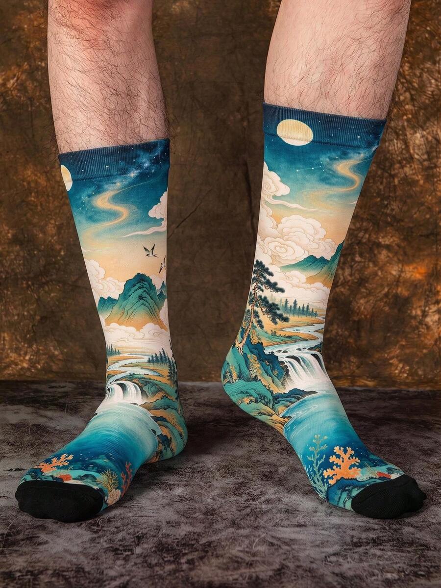 1/3 Pairs Men's Mid-Calf Socks With Creative New Chinese Style ...