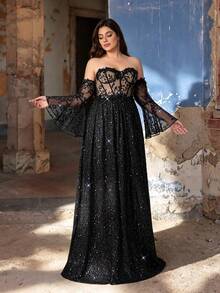 Gaun Maxi A-Line Elegan Ukuran Plus Musim Gugur/Dingin, Bahu Terbuka, Lengan Lonceng Transparan, Bordir Payet dan Renda Bunga 3D, Cocok untuk Pesta, Pernikahan, Pesta Dansa, Liburan - Hitam - View 2