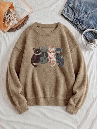 Plus Size Women's Fall/Winter Social Imitation Spliced Cat Graphic Crew Neck Long Sleeves Casual Women's Khaki Tops Fall Clothes Plus Size