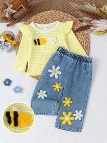 2pcs Baby Girl Casual Sweet Cool Striped Flutter Sleeve Knit Top & Embroidered Denim Jeans Set, Thin Spring/Autumn - Yellow - View 1