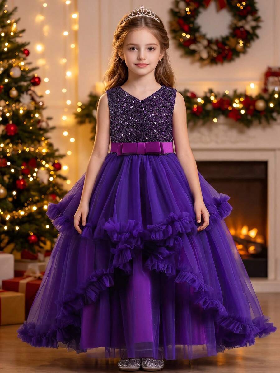 Tween Girl Sequin Multi-Layer Tulle Dress, Princess Party Wedding Graduation Gown, Seasonal - Purple - View 1
