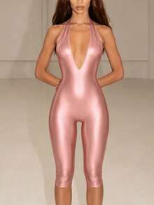 Ärmlös unitard-jumpsuit för kvinnor med halterneck, rygglös, lång, i polyester med medelstretch - Rosa - Visa 5