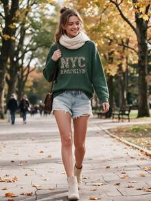 Plus Size Women's Vintage New York Brooklyn Leopard Print Crew Neck Long Sleeve Faux Sweater, Casual Pullover Top, Women's Autumn Clothing, Women's Winter Clothing, Suitable For Daily Wear And Parties - Green - View 5