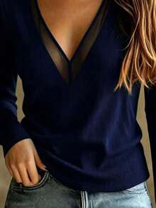 Women's Autumn/Winter Sexy Style Mesh Patchwork V-Neck Ribbed Long Sleeve Top, Slim Fit Flattering Elastic Knit T-Shirt, Versatile For Daily Wear And Dating, Plus Size Friendly (Size Runs Small, Recommend Sizing Up For Fuller Figures), Solid Color - Royal Blue - View 5